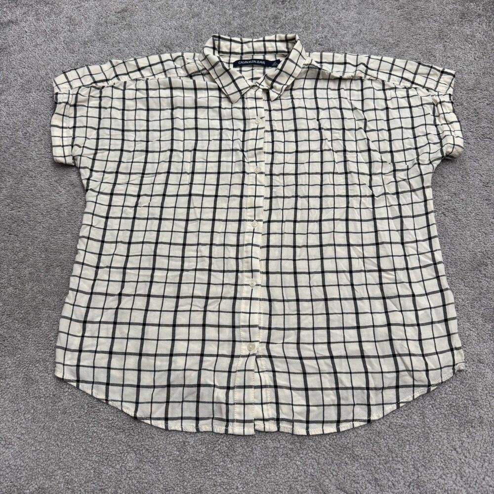 Calvin Klein Jeans Grid Plaid Button Up Short Sleeve Shirt Women L White Black